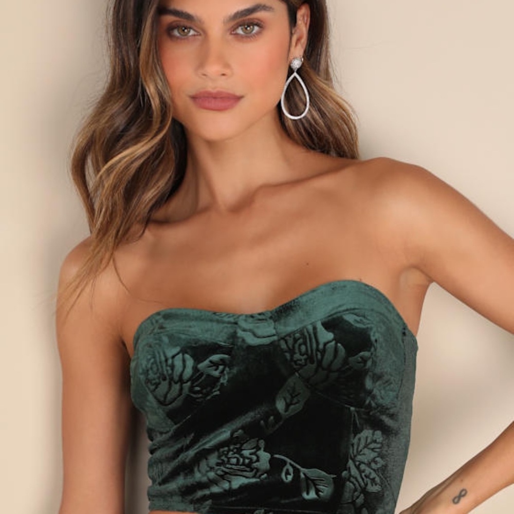 Lulus Sensational Attitude Emerald Burnout Velvet Strapless Top Green - Size L